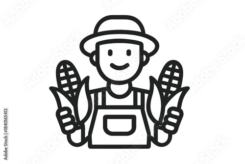 Smiling agricultural worker wearing a hat and apron holding two freshly harvested corn cobs