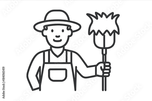 Smiling farmer or gardener holding a pitchfork wearing a sun hat and overalls