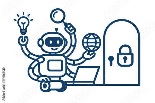 Multitasking robot character holding a lightbulb, magnifying glass, and globe near a locked door and laptop
