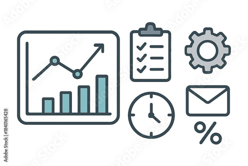 Business and productivity icons set featuring growth chart, checklist, settings, time, and email symbols