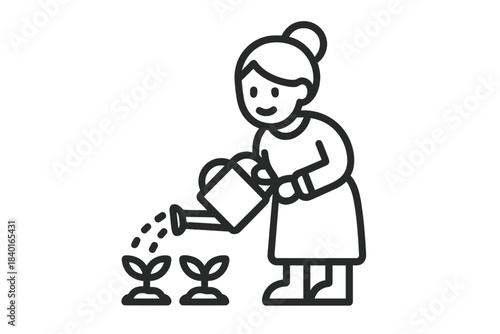 Black and white outline icon showing a person tending to young plants and nurturing growth