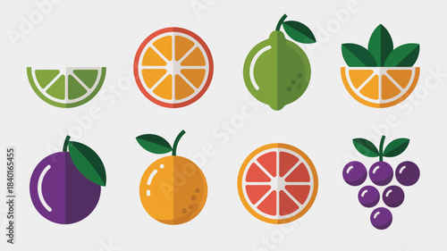 Colorful flat design fruit icons collection, fresh healthy food vectors