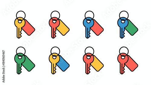 Colorful keys with tags, keyring, security, access icons set