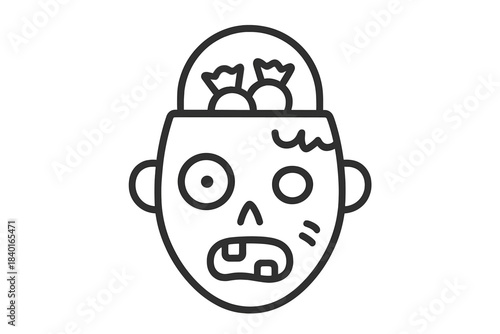 Spooky cartoon zombie head character holding Halloween candy and sweet treats