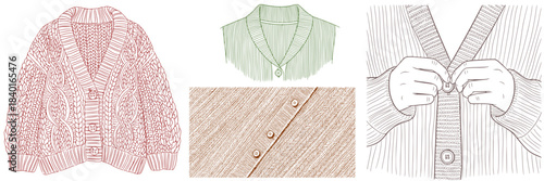 Set of vectors in sketch style: knit cardigan close-up illustrations with buttons and detailed design elements