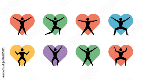 Healthy lifestyle people icons, active human figures in colorful hearts