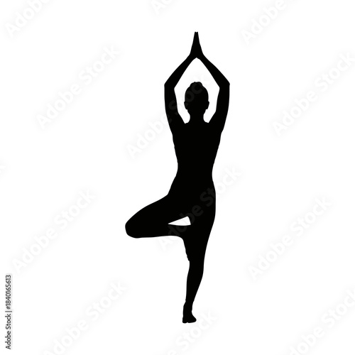 Silhouette of a woman doing yoga with a white background