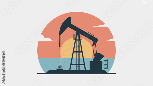 Petroleum pumpjack silhouette, energy industry, oil extraction, sunset vector