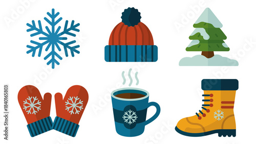 Winter icons collection, snowflake, hat, tree, mittens, hot drink, boot