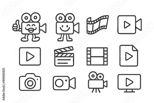 Outline symbols representing film production, video recording, media, and camera technology