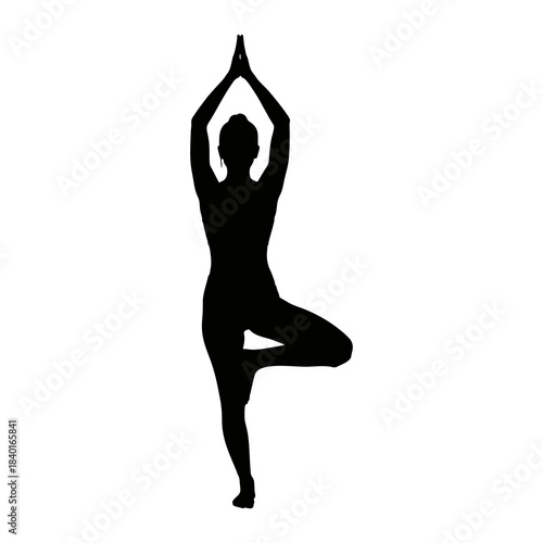 Silhouette of a woman doing yoga with a white background