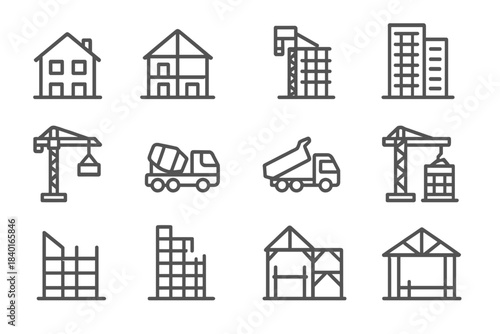 Outline icons of construction, architecture, heavy machinery, and residential structures