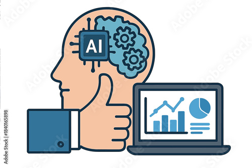 Artificial intelligence concept showing microchip in human head, positive thumbs up gesture, and data analysis on laptop