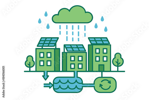 Sustainable city infrastructure showing water recycling and solar power generation