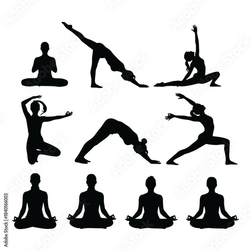 Set of Silhouette of a woman doing yoga with a white background