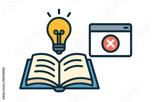 Conceptual image of knowledge from an open book leading to an idea rejected by a digital error symbol