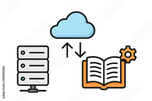 Data synchronization process between a server rack, cloud storage, and knowledge management system icon