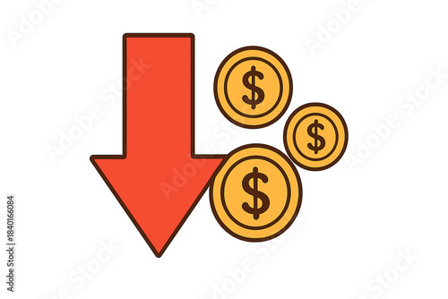 Large red arrow pointing down next to gold dollar coins symbolizing economic downturn