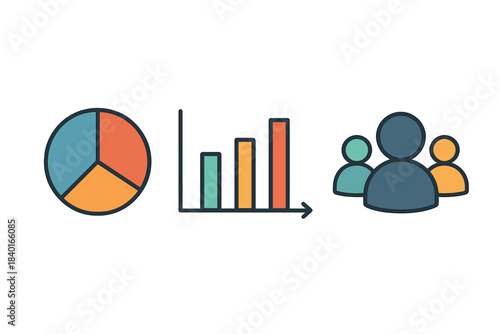 Simple set of business icons showing data analysis charts and a group of people for teamwork representation