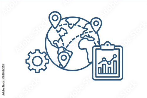 Global business logistics and data analysis concept showing worldwide network connections and optimization