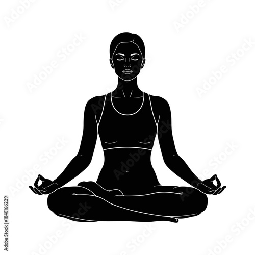 Silhouette of a woman doing yoga with a white background