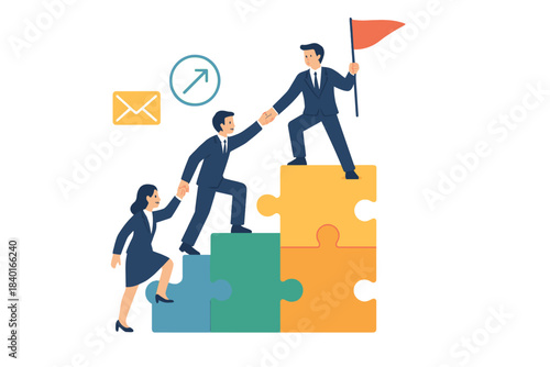 Business team climbing puzzle staircase to reach success and achieve goals with teamwork and support