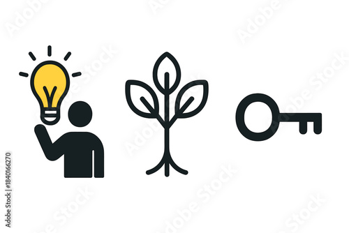 Conceptual icons for idea generation, business growth, and finding success