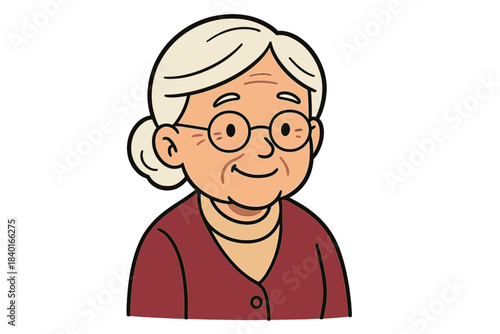 Cheerful portrait of a smiling elderly woman wearing glasses and a red cardigan sweater