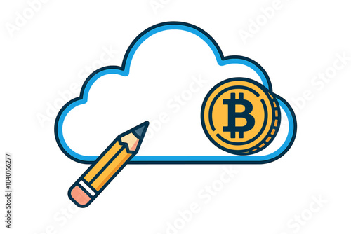 Cloud computing, pencil, and cryptocurrency coin representing digital finance and blockchain technology