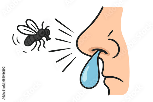 Annoying insect fly causing an allergic reaction or cold symptoms with a runny nose and sneeze lines