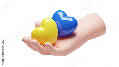Hand Gently Holding Two Shiny Hearts One Yellow One Blue On A Black Background With Soft Lighting Symbolizing Hope Love And Support In A Digital Art Style