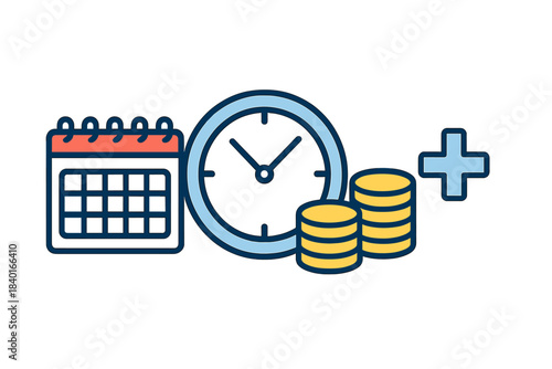Time management and financial planning concept showing calendar clock and stacked coins with a plus sign