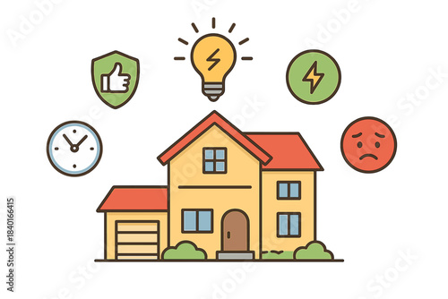 Residential house surrounded by icons for security, energy, time, and service quality