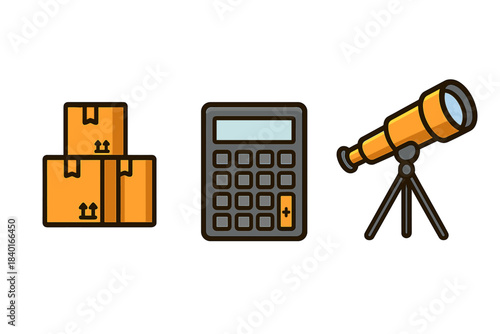 Logistics shipping boxes, electronic calculator, and observation telescope tools