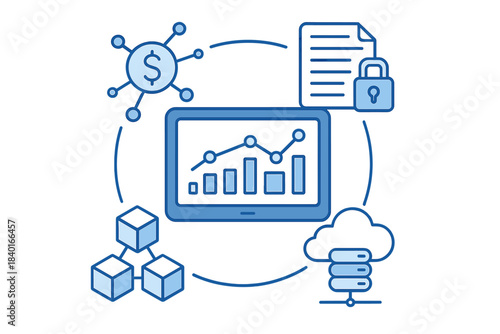 Financial technology data management system showing analysis, security, storage, and decentralized ledger