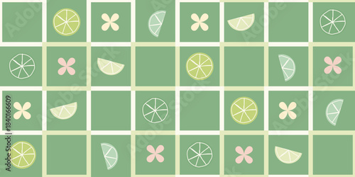 Hand-drawn lime slice and blossom seamless square pattern on green