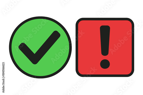 Green checkmark symbol in a circle next to a red exclamation point icon in a square