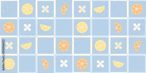 Hand-drawn lemon slice and blossom seamless square pattern on blue