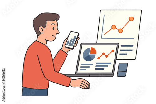 Professional worker reviewing business analytics and financial charts on computer and mobile devices