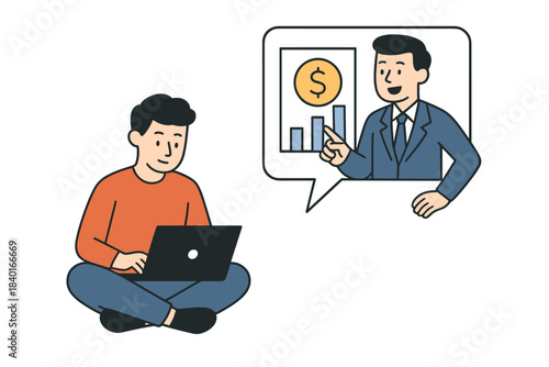 Young man learning about finance and business online from an expert mentor using a laptop computer