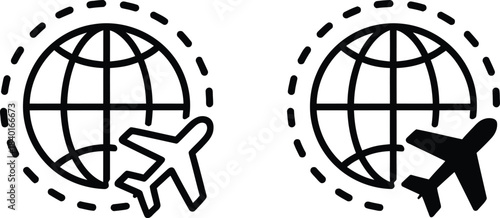 Global air travel concept with a classic design featuring an airplane circling a stylized globe, illustrating international flights and worldwide journeys across dashed routes