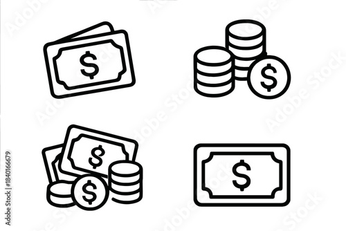 Minimalist outline icons representing dollar currency, paper money, and stacked coins