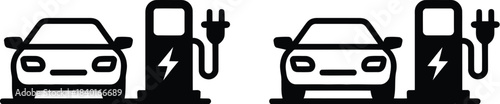Electric vehicle charging station icons with cars and energy symbols