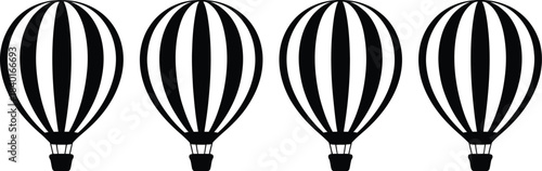 Striking black and white striped hot air balloons illustration on a white background, perfect for travel and adventure themes
