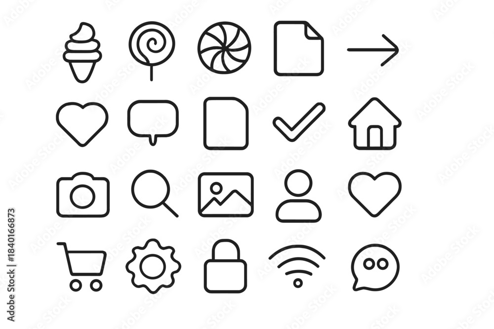 Fototapeta premium Minimalist line icons set for web and mobile applications covering social media, navigation, and e-commerce
