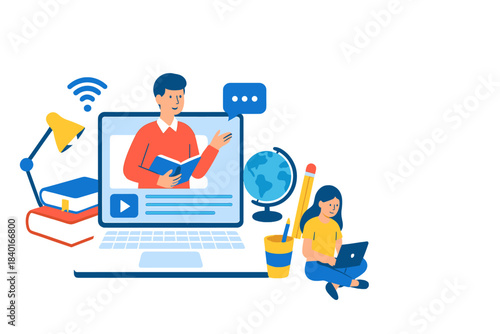 Remote education concept showing a student learning online from a teacher on a laptop surrounded by study materials