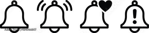 Bell icon set notification, sound, alerts, reminders, and communication symbols in line art