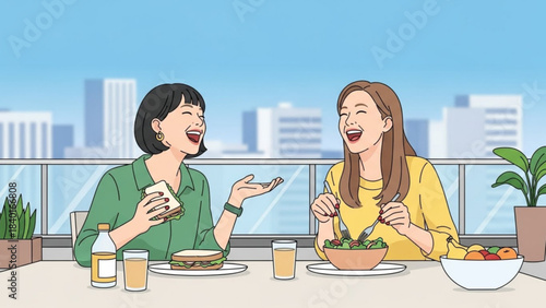 Two women laughing and eating lunch on a balcony with city skyline enjoying a casual meal together illustration