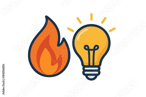 Conceptual icon showing a fiery flame beside a glowing light bulb symbolizing passion and ideas