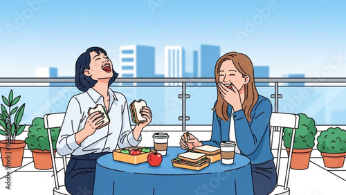 Two businesswomen laughing heartily during a lunch break on a rooftop terrace enjoying sandwiches and coffee with city buildings in the